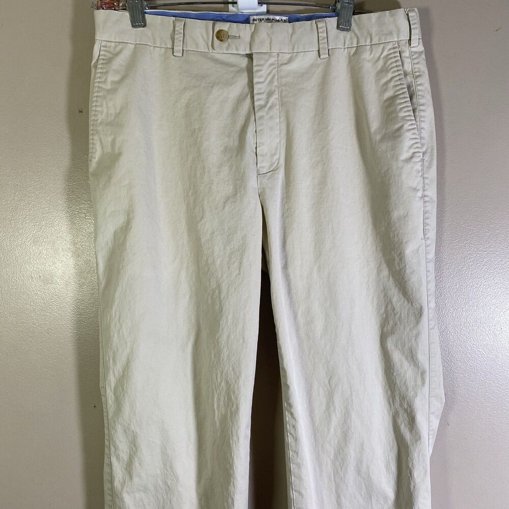 Peter Millar Men's Classic Fit Flat Front Golf Pants Chinos Beige Size 34x32